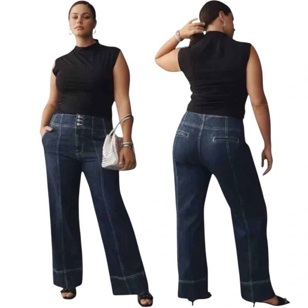Pilcro Anthropologie Seamed High Rise Wide Leg Jeans Pants Size Petite 27 Dark - Picture 1 of 14